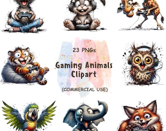 Gaming Animals Clipart: Funny Watercolor Gamer PNG Bundle (Digital Download)