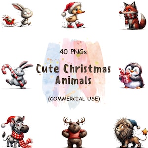 Cute Christmas Animals Clipart - 40 Xmas Animals PNG Clip Art Bundle - Watercolor Holiday - Card Making | Digital Download | Commercial Use