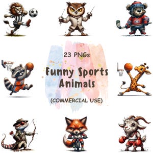 Puede incluir: Una colección de ilustraciones de animales de dibujos animados practicando varios deportes. La imagen incluye un león jugando al fútbol, un búho dirigiendo, un oso jugando al hockey, un mapache jugando al baloncesto, una jirafa jugando al baloncesto, un lagarto con arco y flecha, un zorro en bicicleta y una cabra boxeando. El texto dice "Funny Sports Animals".