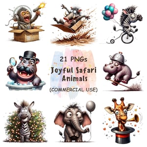 Clipart joyeux animaux de safari – 21 images PNG | Mignons visages d'animaux de la jungle | Lot d'animaux de dessin animé à l'aquarelle | Téléchargement numérique | Utilisation commerciale
