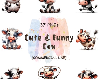 Funny Cow Clipart Bundle: Watercolor Farm Animal PNG (Digital Download, Commercial Use)