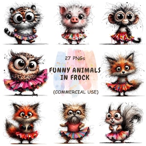 May include: A collection of whimsical animal illustrations, including a tiger, pig, monkey, owl, fox, dog, and squirrel, each wearing a colorful tutu. The image includes the text "FUNNY ANIMALS IN FROCK" and "27 PNGs (COMMERCIAL USE)".