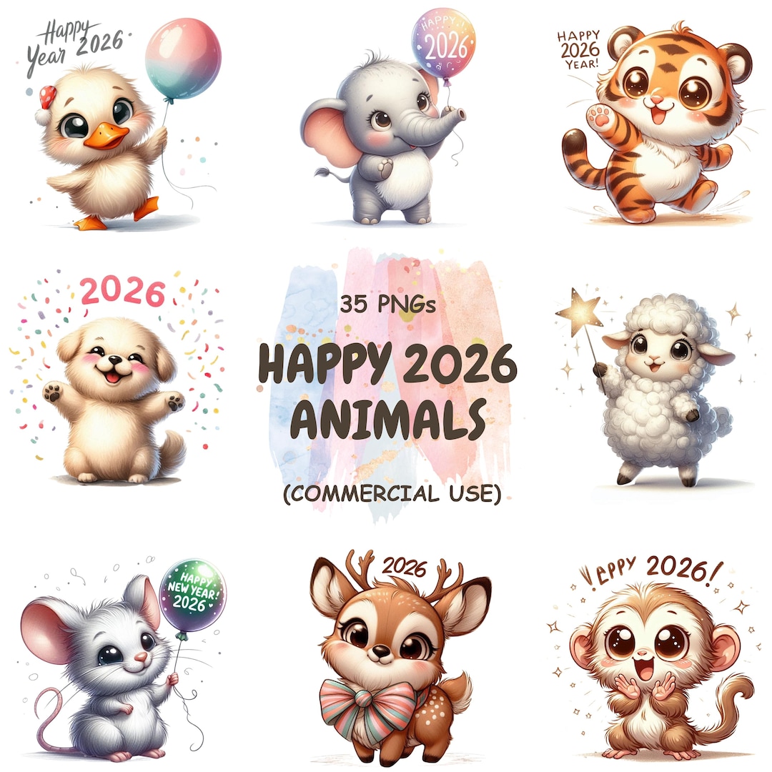 35 Happy 2026 Animals Clipart Bundle New Year Animals PNG Cute Party Il Ddd4 