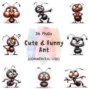 36 Funny & Cute Ant Clipart Bundle | Watercolor Quirky Ant PNGs | Insect Cartoon Illustrations | Digital Download | Commercial Use