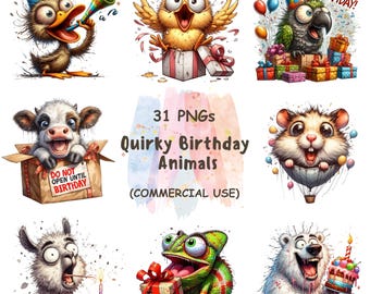 Watercolor Birthday Animals Clipart: 31 PNG Cartoon Party Designs (Digital Download, Commercial Use