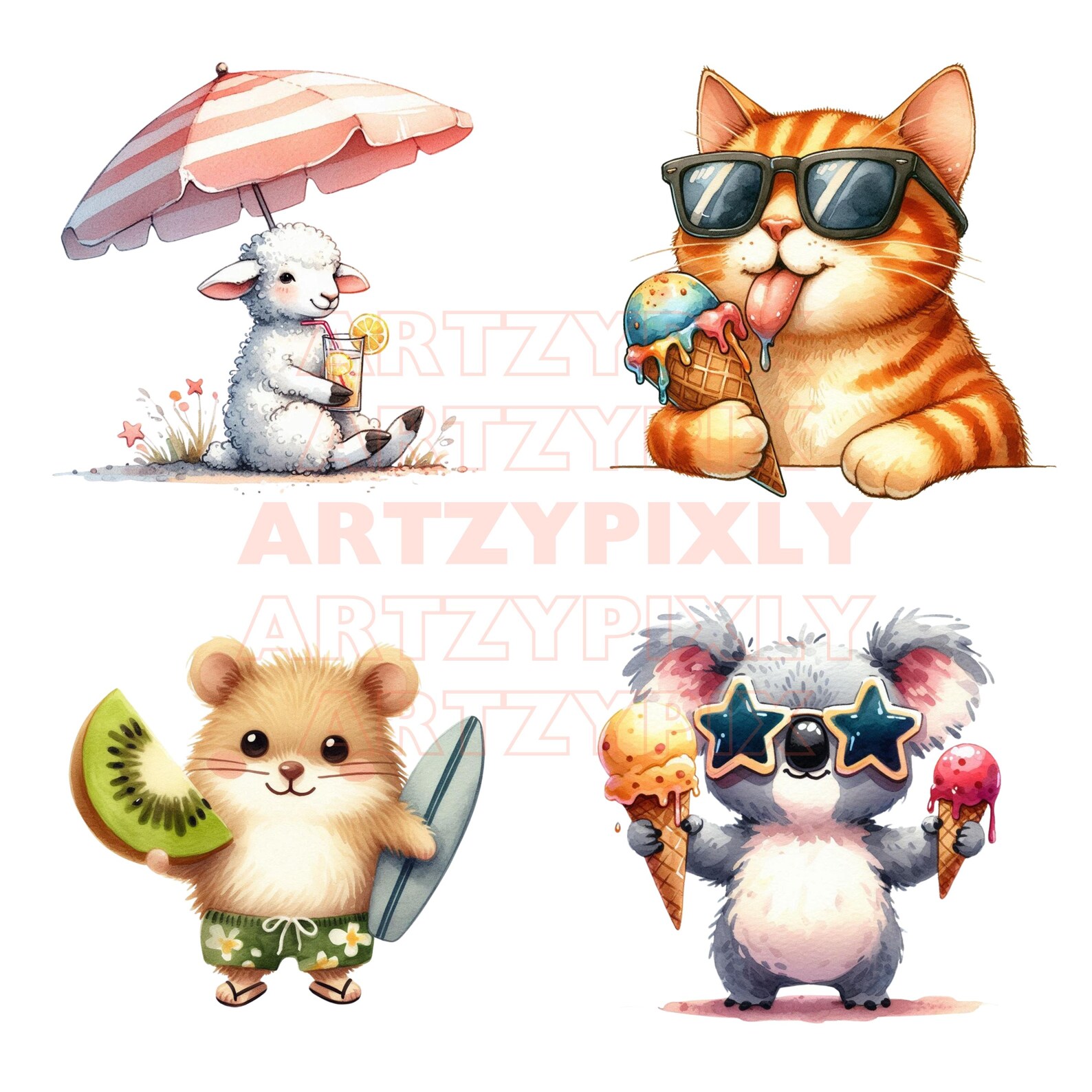 Summer Animal Clipart Bundle: Beach Vacation Watercolor PNG (digital ...