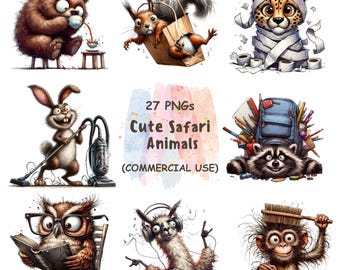 Clipart aquarel safaridieren: jungle cartoon png-bundel (digitale download, commercieel gebruik)