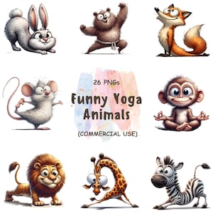 May include: A collection of cartoon animals in yoga poses, including a rabbit, bear, fox, mouse, monkey, lion, giraffe, and zebra. The image includes the text "Funny Yoga Animals" and "26 PNGs (COMMERCIAL USE)".