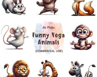 May include: A collection of cartoon animals in yoga poses, including a rabbit, bear, fox, mouse, monkey, lion, giraffe, and zebra. The image includes the text "Funny Yoga Animals" and "26 PNGs (COMMERCIAL USE)".