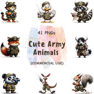 41 Cute Army Animals Clipart Bundle - Funny Military Watercolor Animals PNG - Quirky Soldier Animals | Digital Download | Commercial Use