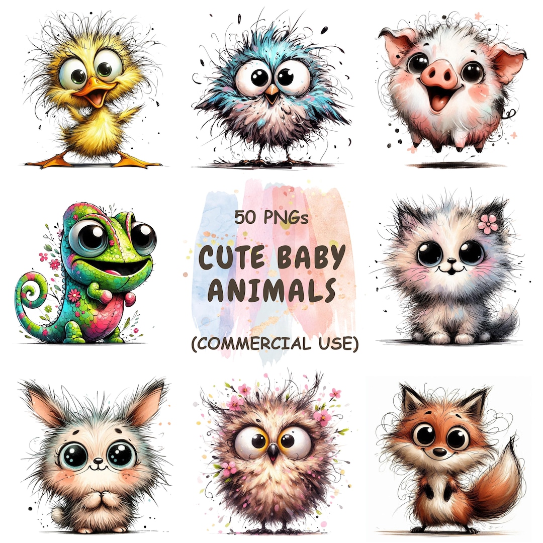 Cute Baby Animals Clipart, Watercolor Newborn Animals PNG Bundle ...