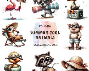 水彩画風の夏の動物クリップアート：ビーチの動物イラスト（PNGデジタルダウンロード、商用利用可）