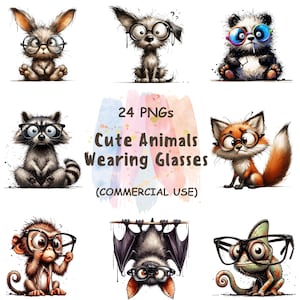 Può includere: Una collezione di 24 immagini PNG di simpatici animali con occhiali. Gli animali includono un coniglio, un cane, un panda, un procione, una volpe, una scimmia, un pipistrello e un camaleonte. Il testo nell'immagine recita "Cute Animals Wearing Glasses" e "(COMMERCIAL USE)".