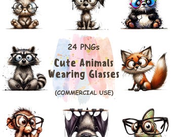Watercolor Animals with Glasses Clipart Bundle: Bookish PNG Images (Digital Download, Commercial Use
