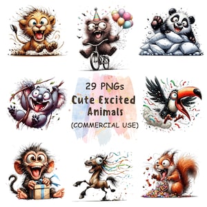 Clipart z podekscytowanymi zwierzętami – 29 PNG – urocze, wesołe twarze zwierząt – reakcje na akwarelowe kreskówki | Sublimacja i pobieranie cyfrowe | Wykorzystanie komercyjne