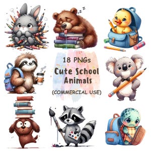 18 Zurück zu Schule Clipart Bündel - Süße Tiere PNG - Klasse Dekor - Aquarell Abbildungen | Digitaler Download | Kommerzielle Nutzung