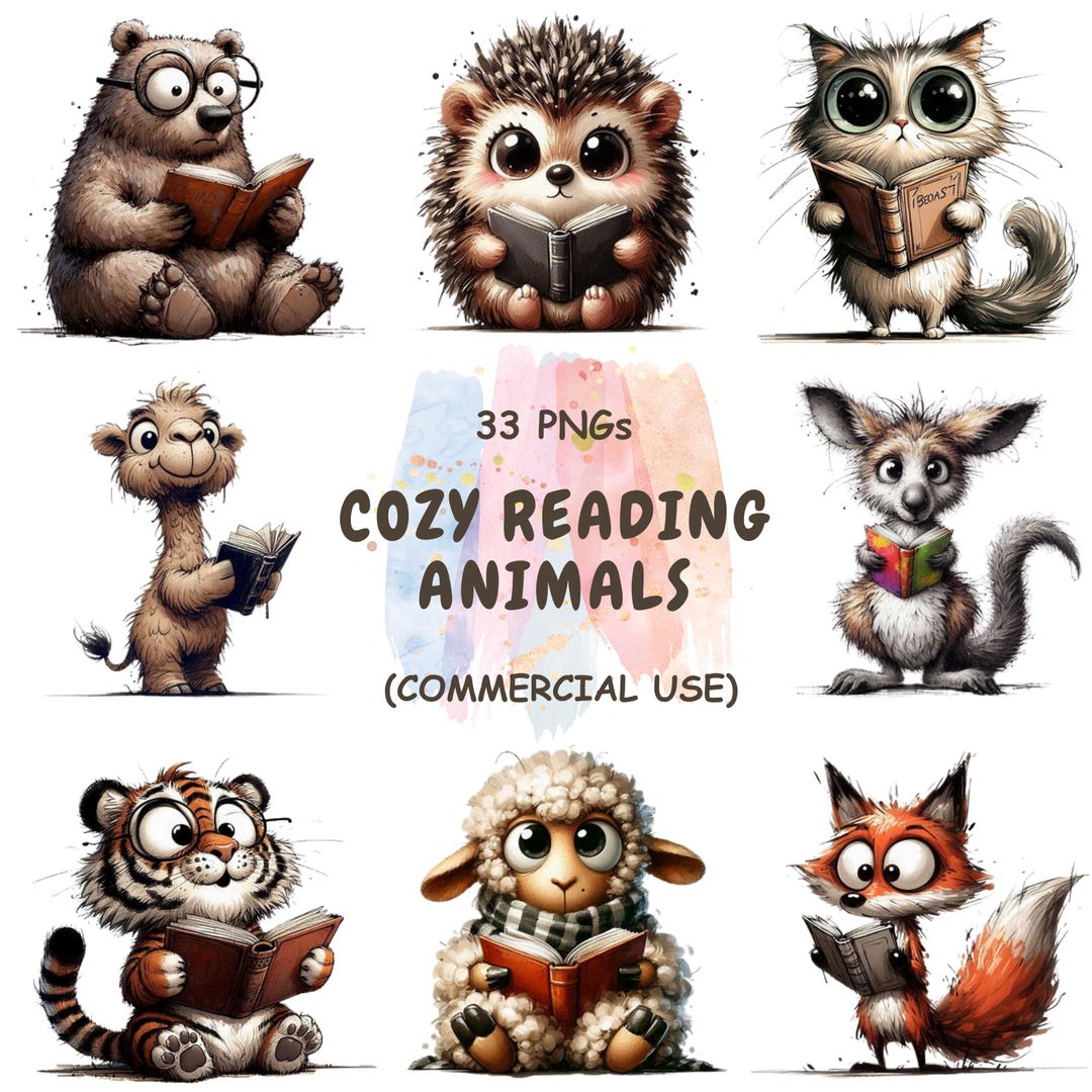 Cozy Reading Animals Clipart Bundle, Book Lover Pngs (digital Download ...
