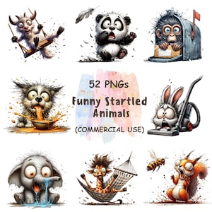 Watercolor Funny Startled Animals Collection Clipart, 52 PNG Surprise Safari Animals, Cartoon Pet Prints | Digital Download | Commercial Use