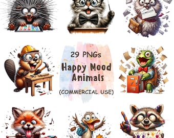 Watercolor Cartoon Animals Clipart: Funny PNG Bundle (Digital Download, Commercial Use)