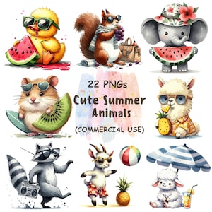 22 süße Sommer Tier Clipart PNG Bundle - Strand Urlaub Aquarell Tiere - Printable | Digitaler Download | Kommerzielle Nutzung