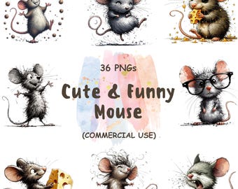 Watercolor Mouse Clipart Bundle – 36 Funny Animal PNGs (Digital Download)