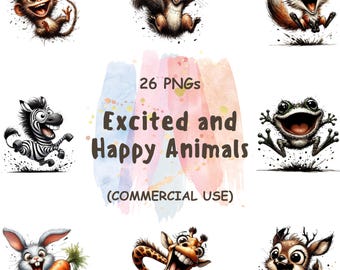 Watercolor Animal Clipart | Happy PNG Illustrations (Digital Download)