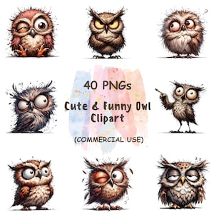 May include: Nine cartoon owl illustrations with different expressions. The owls are depicted in shades of brown, white, and red, with large eyes and expressive features. Text reads "40 PNGs Cute & Funny Owl Clipart (Commercial Use)".