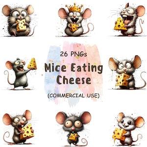 26 Mice Eating Cheese Clipart Bundle, Cute Mouse PNG, Funny Watercolor Animal Clipart, Cartoon Food Art | Digital Download | Commercial Use
