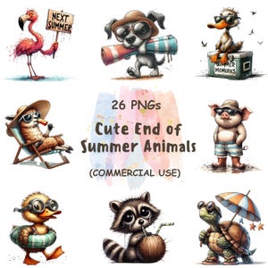 26 Cute Summer Animals Clipart PNG Bundle, Watercolor Beach Animal Illustrations, Summer Printable Art | Digital Download | Commercial Use