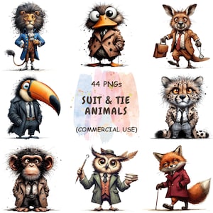 May include: A collection of whimsical illustrations featuring animals in suits and ties. The image includes a lion, duck, kangaroo, toucan, cheetah, monkey, owl, and fox, each dressed in formal attire. Text reads "44 PNGs SUIT & TIE ANIMALS (COMMERCIAL USE)".