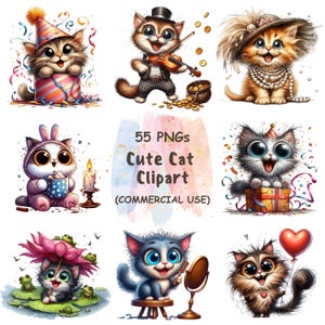 55 Cute Cat PNG Clipart | Quirky Cartoon Cats Bundle | Watercolor Animal Illustrations for Sublimation | Instant Download | Commercial Use