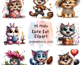 Watercolor Cat Clipart | 55 Funny Cartoon Animal PNGs (Commercial Use)