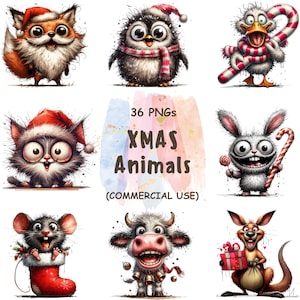 Christmas Animals Clipart: Funny Watercolor PNG Designs (Digital Download, Commercial Use)