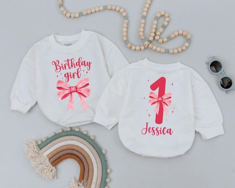 Personalized Name Romper, Custom Bow Birthday Girl Bubble Outfit, Retro Birthday Girl Badysuit, Baby Badysuit, Girl Birthday Romper