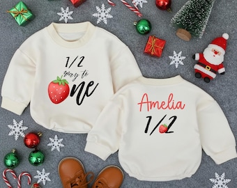 Half Birthday 1/2 Way To One Baby Romper, 6 Month Old Baby Bodysuit, Strawberry Photoshoot Baby Outfit, Custom Gift For Daughter Romper