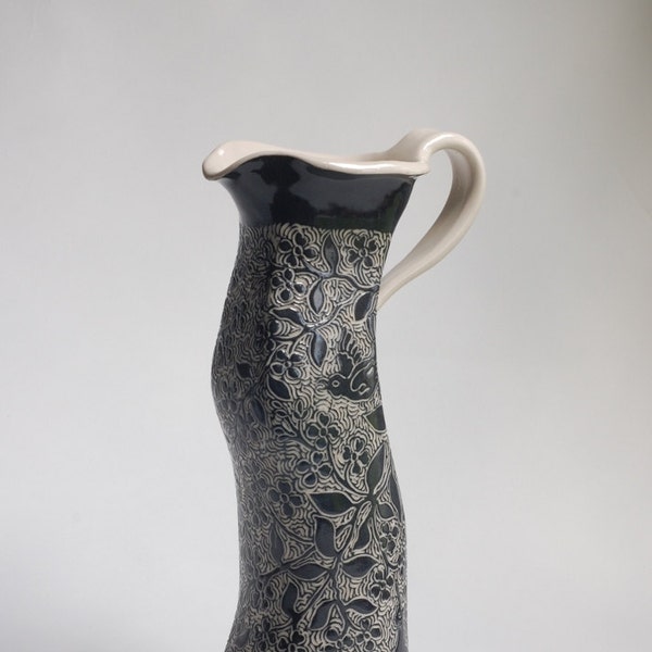 Pitcher/ Vase in Black and White with a Unicorn