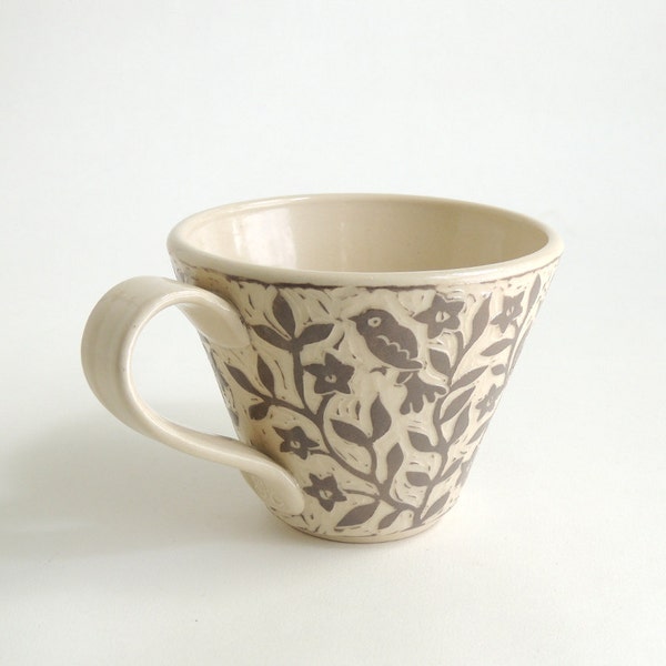 Taupe and White Hand Carved Cup with Flower Vines and birds