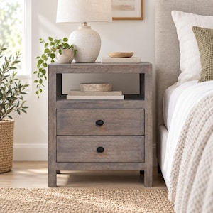 May include: A rectangular wooden nightstand with a weathered gray finish, featuring an open top shelf and two lower drawers with small black oval pulls. The nightstand has a sturdy frame with four straight legs and a clean, functional design.