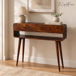 Narrow Console Table, Solid Mango Wood, 2 Drawers and Open Shelf