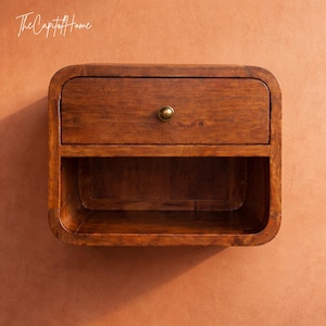 Solid Mango Wood Floating Nightstand, Curved Bedside Table with Drawer