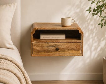 Solid Mango Wood Avora Floating Nightstand, Natural Wood Wall Mounted Bedside Table, Japandi Storage