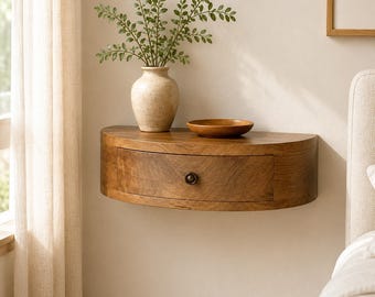Comodino sospeso in legno massello di mango, rotondo, finitura rovere, tavolino da parete