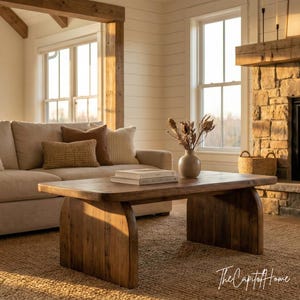 May include: A rustic, wooden coffee table with arched legs. The table is a warm brown color and sits on a woven rug. A beige sofa with decorative pillows is in the background. The Capitol Home logo is visible.