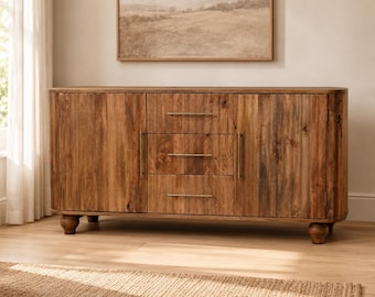 Solid Mango Wood Storage Cabinet, Golden Teak Japandi Furniture