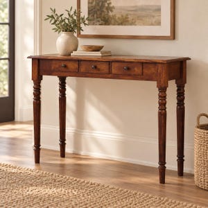May include: A rectangular wooden console table with a dark brown finish, featuring four turned legs and three drawers with small dark knobs. The tabletop holds a light-coloured ceramic vase with green foliage and a small wooden bowl on stacked books.