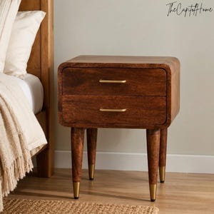 Solid Mango Wood Nightstand, Rounded Japandi Bedside Table, 2 Drawers Brass Handles