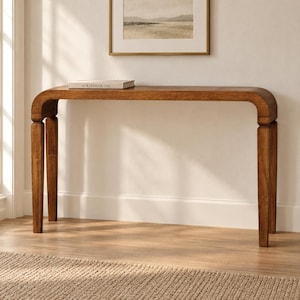 May include: A medium-brown wooden console table with a smooth, rectangular top and rounded corners that transition into four straight, vertical legs. A single book with the text The Kinfolk on the cover rests on the left side of the table.