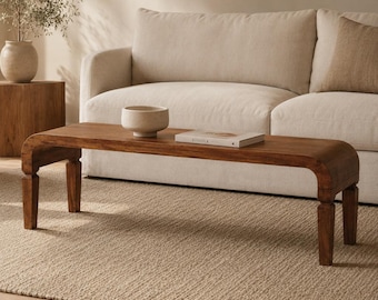 Solid Mango Wood Arcus Coffee Table, Natural Japandi Living Room Furniture