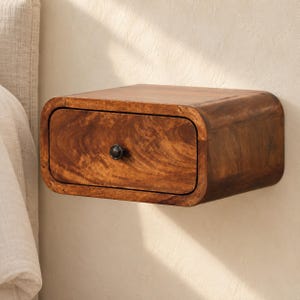 Tiny Floating Nightstand with 1 Drawer, 12 Inch Wall Mounted Bedside Box, Chestnut or Oak-ish