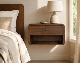 Solid Mango Wood Curved Floating Nightstand, Chestnut Bedside Table with Drawer, Japandi Storage